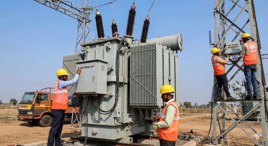 Technicians installing and monitoring distribution transformer equipment