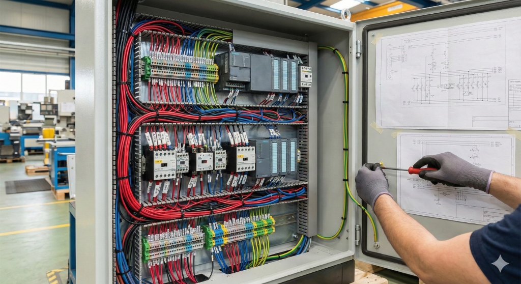Industrial control wiring panel with organized electrical connections