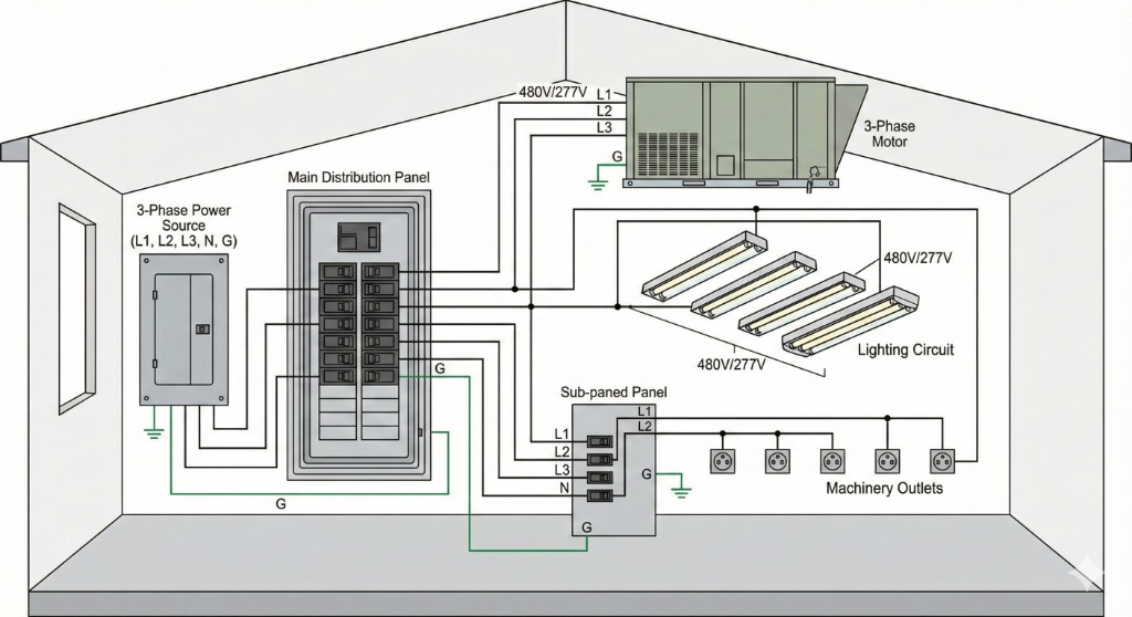 3-phase commercial electrical system diagram and wiring