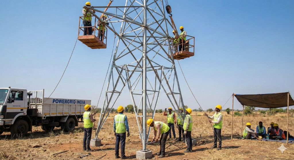 Workers constructing transmission line tower in the field